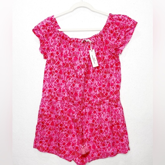 Vineyard Vines Womens Pink Tile Otomi Print Off The Shoulder Linen Romper Size L - Picture 1 of 9